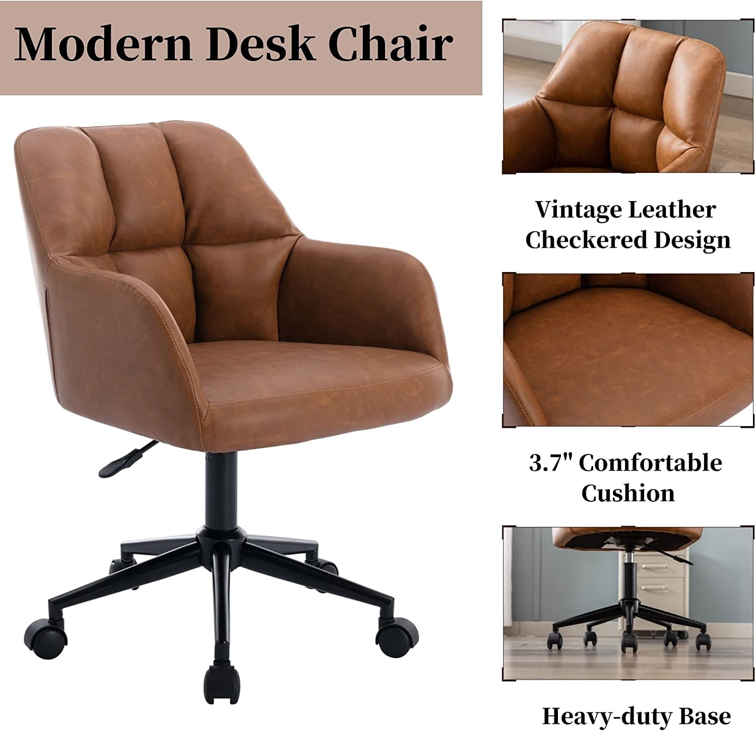 Brown Leather Desk Chair Office Chair with Mid Back Support Armrest, Adjustable-Height 360° Swivel Rolling Task Chair Home Office Modern Vanity Chair, Brown