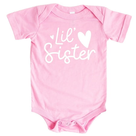 

Olive Loves Apple Lil Sister Heart Bodysuit for Baby Girls Sister Sibling Outfits White on Pink Bodysuit Newborn