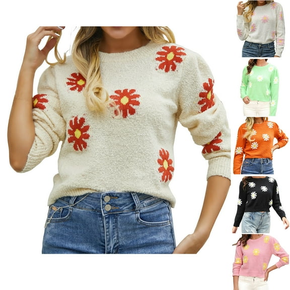 Lovskoo Sweaters for Women Comfortable Little Daisy Printing Long Sleeve Round Neck Sweater Top Pink