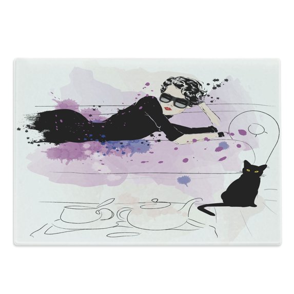 Kitten Cutting Board, Girl with Sunglasses Lying on Couch Cat in Home Theme with Stains Animals, Decorative Tempered Glass Cutting and Serving Board, Large Size, Black Lilac Lavender, by Ambesonne