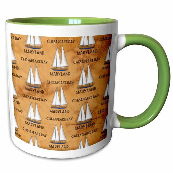 3drose, Nautical Art of a Sailboat on the Water of Chesapeake Bay Maryland., 15oz Two-tone Green Mug