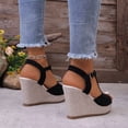 thumbnail image 4 of Rokment Womens Platform Wedge Dressy Sandals Stylish Casual Leopard Suede Peep Toe Ankle Strap Linen Chunky High Heels Gladiator Summer Dress Shoes Black Size 6.5, 4 of 6