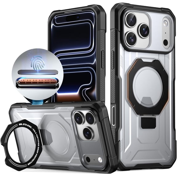 Poetic Spartan Case with Ring Stand for iPhone 17 Pro Max,[Camera Control Button][2 Tempered Glass Screen Protector][Magsafe Compatible] Rugged ShockProof Protective Cover, Black/Clear