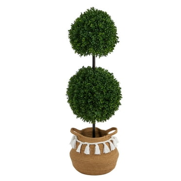 Nearly Natural 3.5' Boxwood Double Ball Topiary Artificial Tree in Woven Planter
