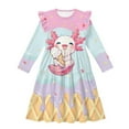 thumbnail image 4 of FKELYI Girls Ruffle Sleeve Dress A Line Twirly Dress for Kids Pink Axolotl Ice Cream Print Midi Soft Fall Dresses Patchwork Playwear Sundress, 9-10 Y, 4 of 6