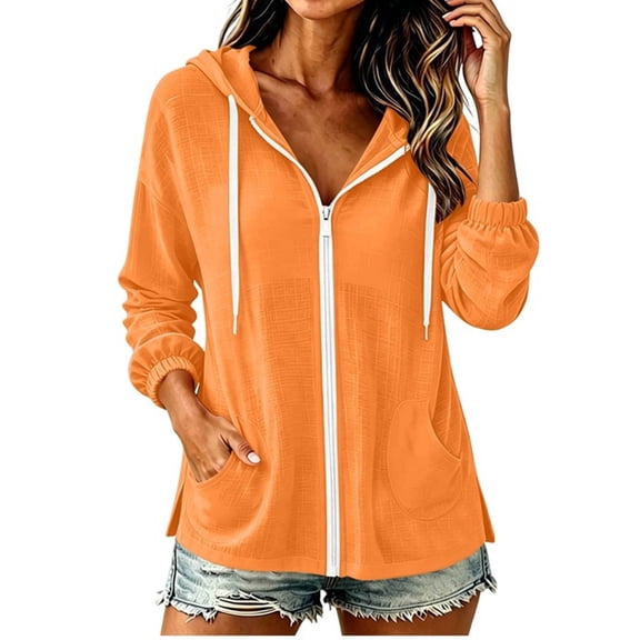 Edvintorg Womens Long Sleeve Tops Fashion Lightweight Loose Casual Hooded Shirts with Pockets Clothes for Women Orange S