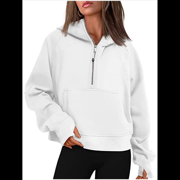 Sudadera con Capucha para Mujer, de Larga, Corta, con Media Cremallera y Bolsillos con Orificio para el Pulgar. XXL