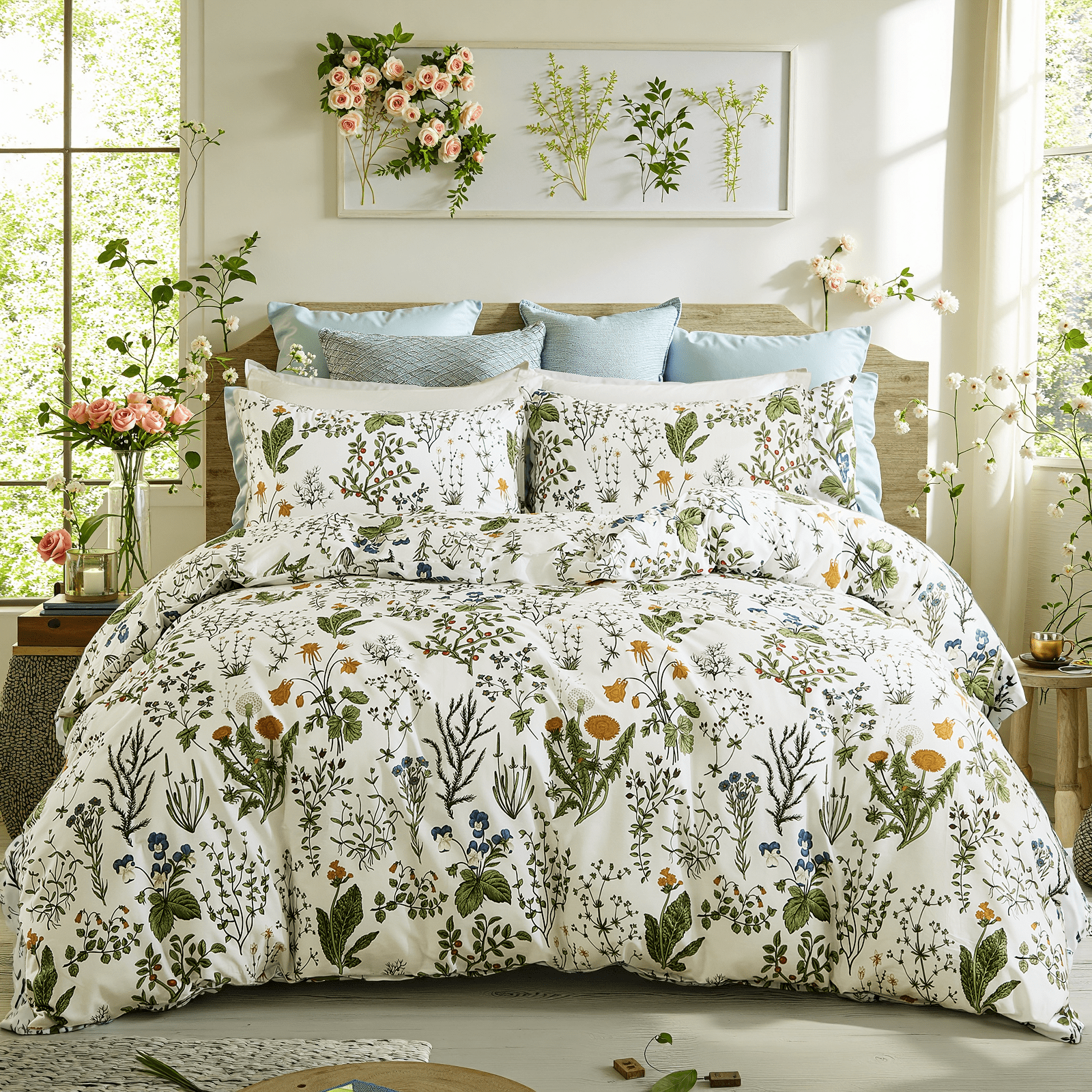 Duvet Cover - 100% Cotton Reversible Floral Duvet Cover Set with Zipper Closure, 3 Pieces Soft & Breathable Green Bedding Set for All Seasons