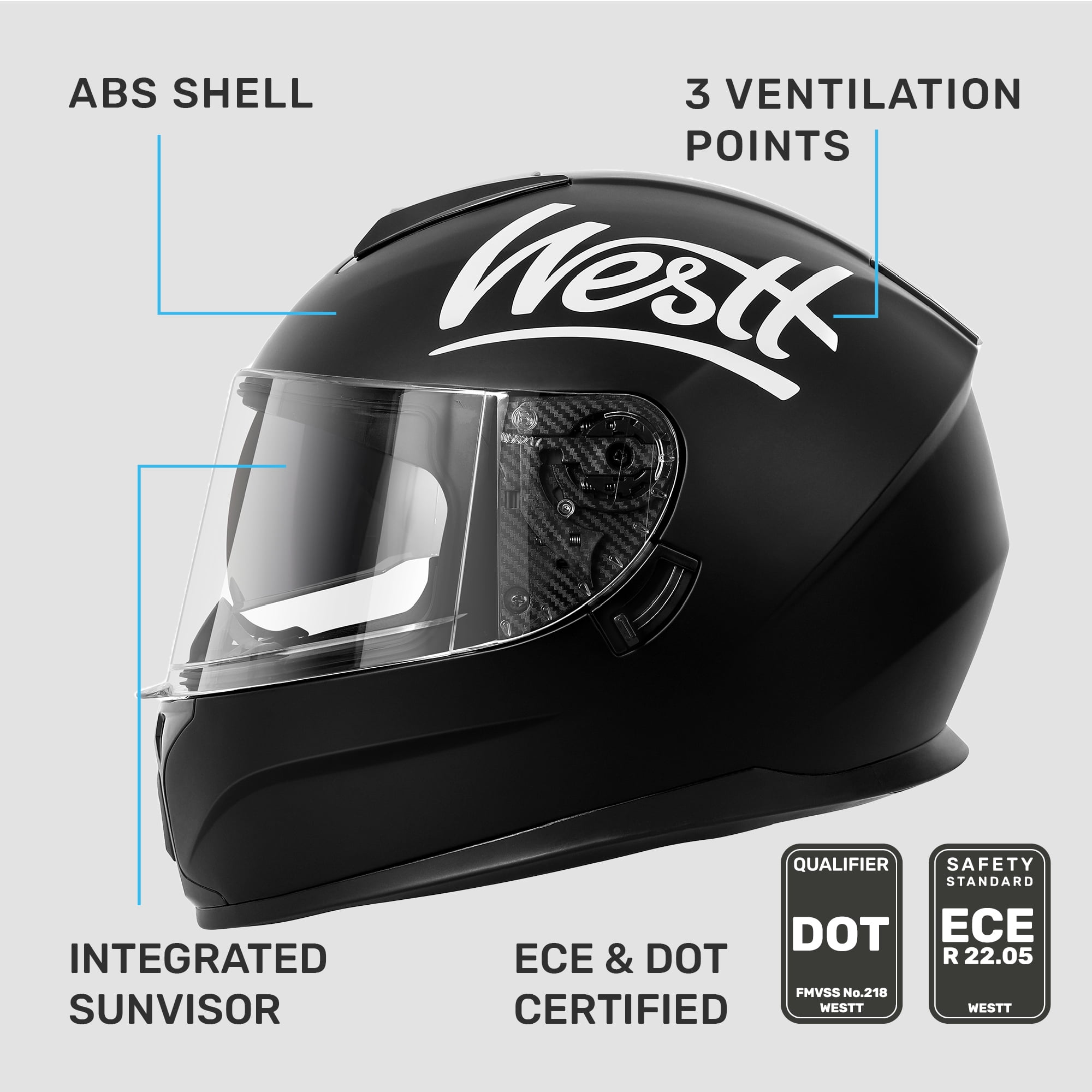 Westt Full Face Helmet - Motorcyle Helmet with Dual Visor DOT Approved - Black S