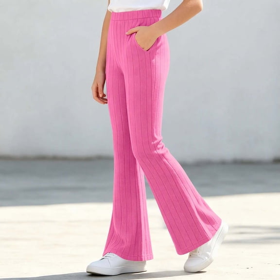 Mooqilaa Girls Flare Leggings Size 10-12, Ribbed Knit Stretchy Casual High Waist Flare Pants Hot Pink
