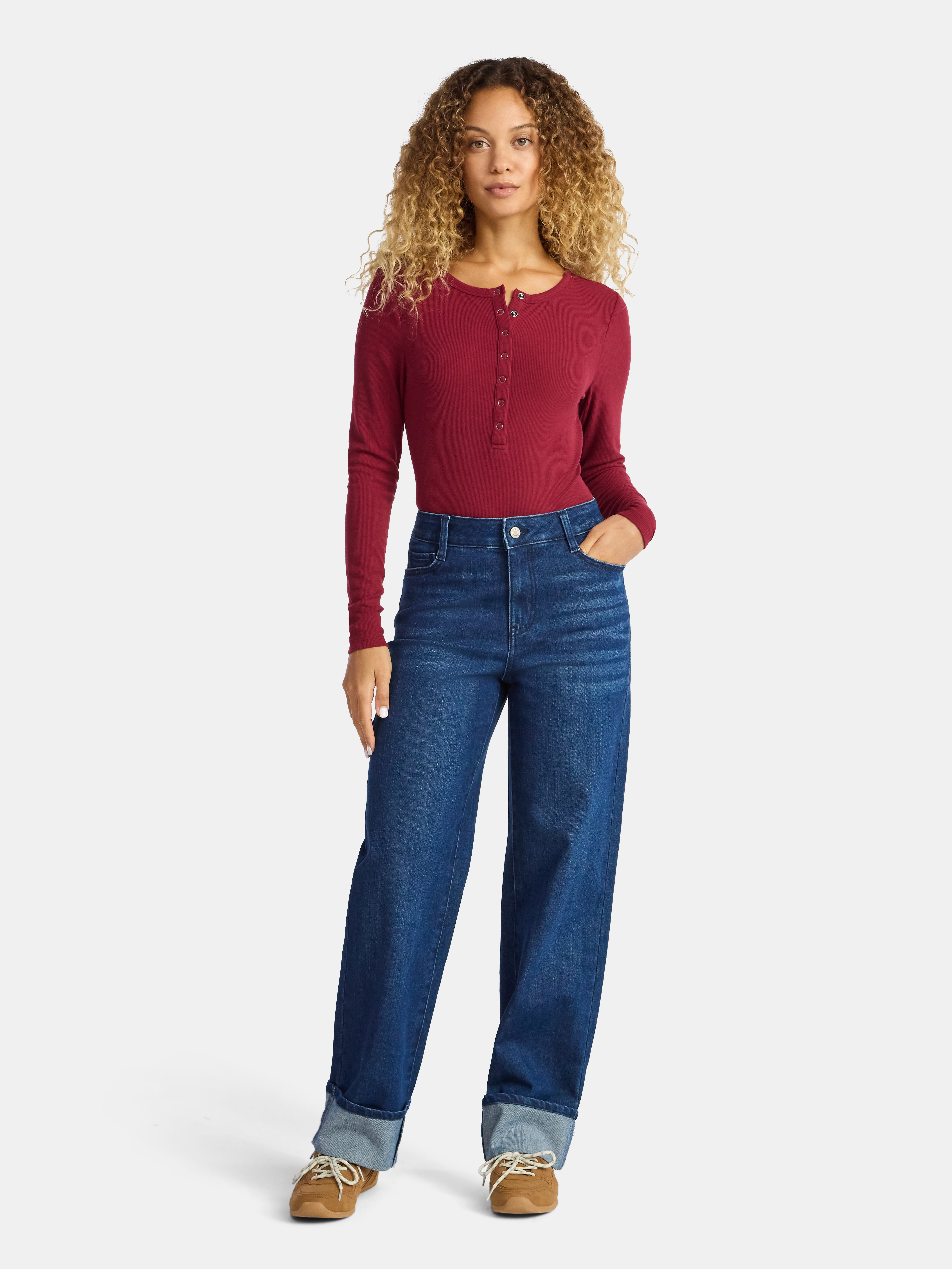 Time and Tru Women's High Rise Straight Jeans with Cuffs, 29" Inseam, Sizes 0-20