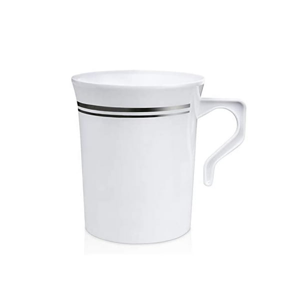 [24 Pack] 8 oz. Plastic Coffee Cup with Handle White Silver Rim