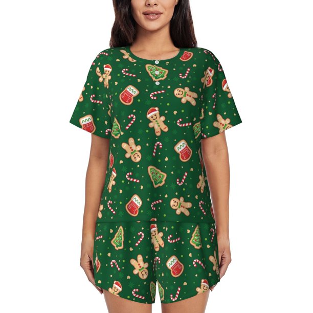 Balery green Christmas Element Conjunto de Pijama para Mujer con Estampado, Dos Piezas de Manga Corta y Shorts, Ropa de Dormir Suave con Cuello Redondo y Bolsillos-Large
