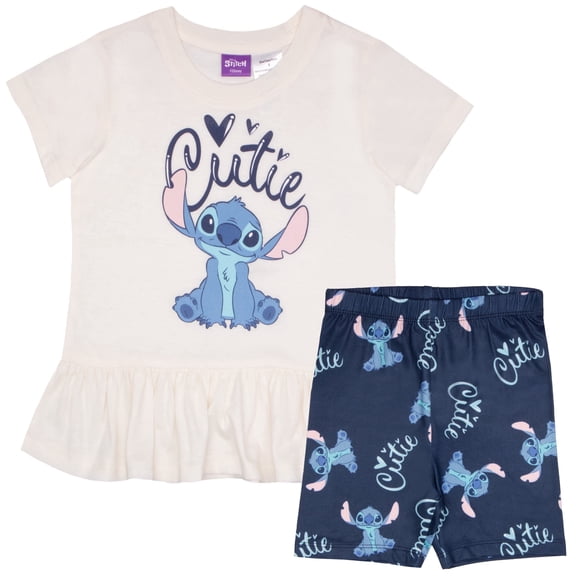 Disney Lilo & Stitch Girls Cutie 2-Piece Ruffle Hem Short Sleeve T-Shirt and Biker Shorts Set for Kids (Sizes 4-6X)