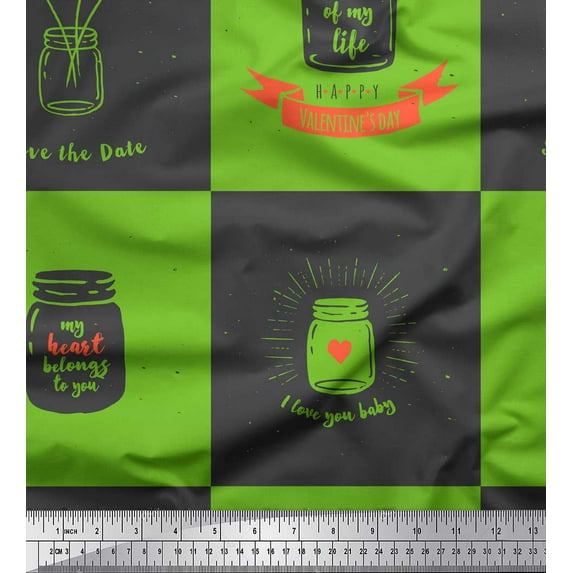 Soimoi Green Poly Georgette Fabric Jar & My Heart Belong To You Text Decor Fabric Printed Yard 52 Inch Wide