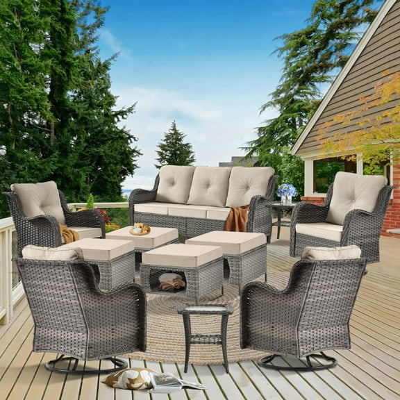 11 Pieces Outdoor Conversation Furniture with Swivel Chairs Rattan Wicker Chairs Set