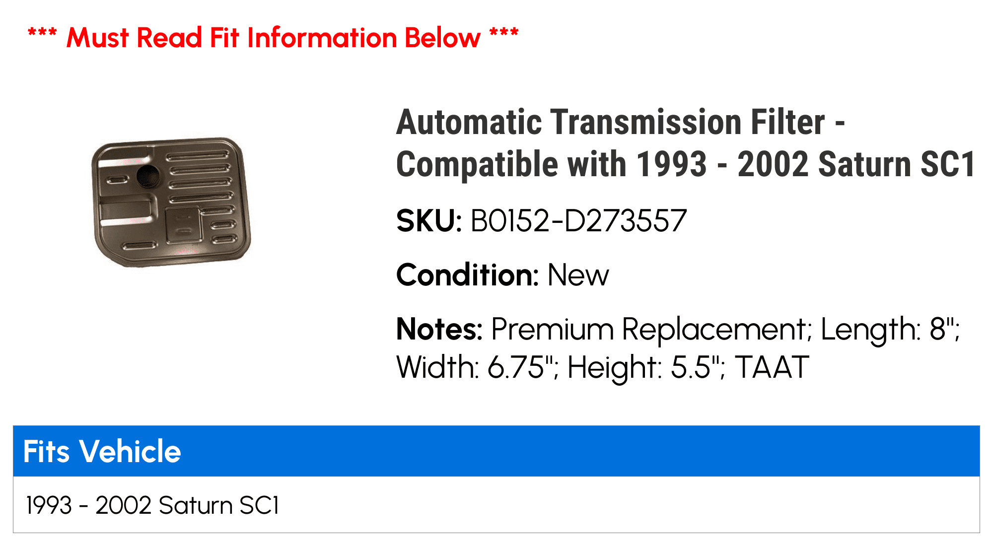 Automatic Transmission Filter - Compatible with 1993 - 2002 Saturn SC1 1994 1995 1996 1997 1998 1999 2000 2001
