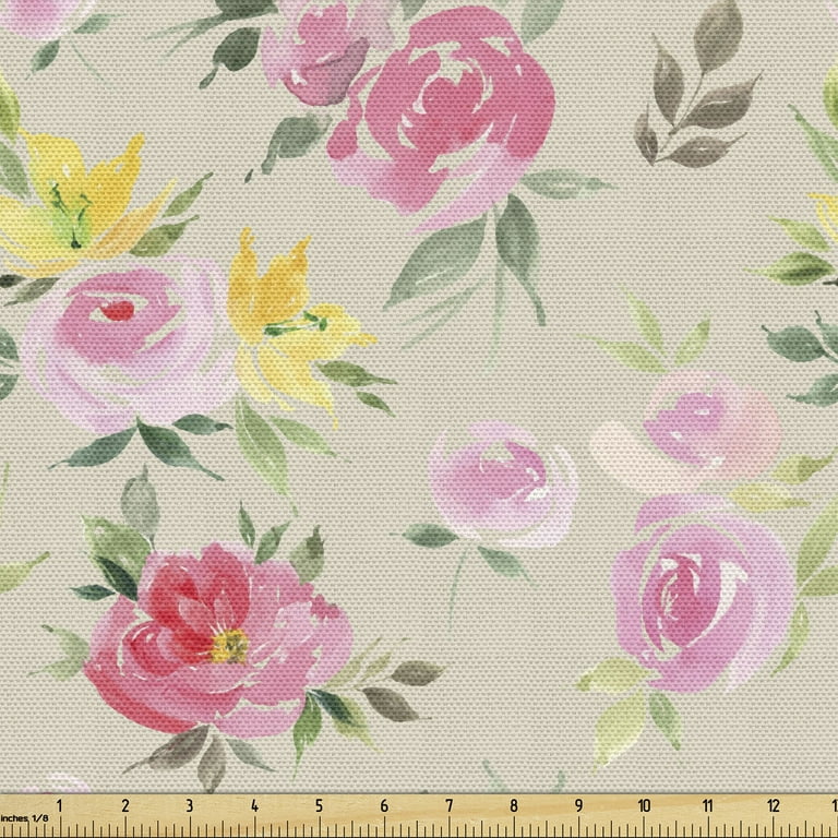 Ambesonne Floral Fabric by The Yard, Peony Floral Pattern with The Leaves  Vintage Style in Graphic Print Boho Art, Decorative Fabric for Upholstery