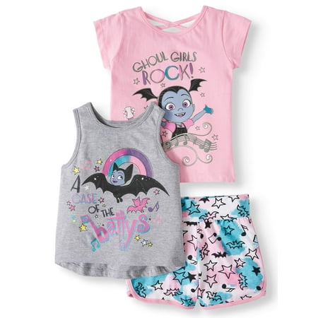 Vampirina Graphic Hi Lo Tank, Tee with Criss Cross Back And Printed Short, 3-Piece Outfit Set (Little Girls)