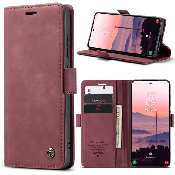 Dteck Magnetic Wallet Case for Samsung Galaxy S26 Plus, Shockproof Flip Folio PU Leather Phone Case with Card Holder Kickstand Back Protective Cover, Winered