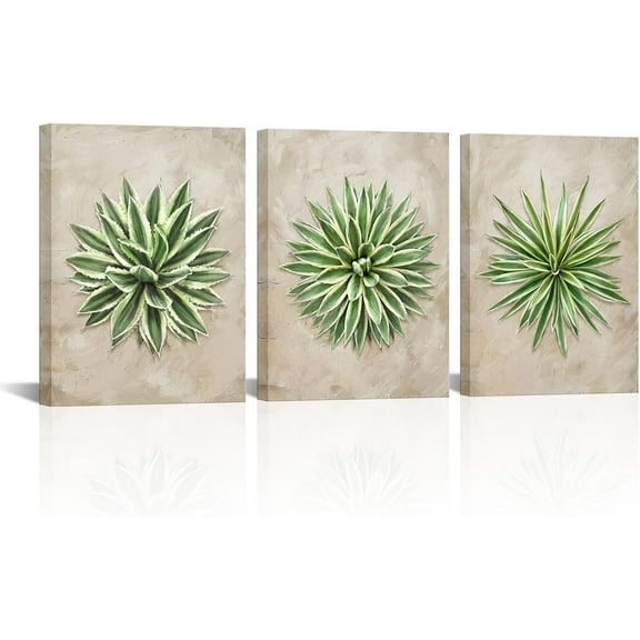 Hieng Green Plant Canvas Wall Art 3 Piece Succulent Painting Artwork Rustic Agave Prints for Living Room Kitchen Decor(only canvas)