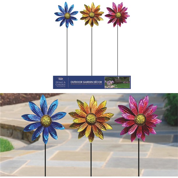 Alpine Vibrant Metal Floral Wind Spinner Garden Stake LJJ1144A Pack of