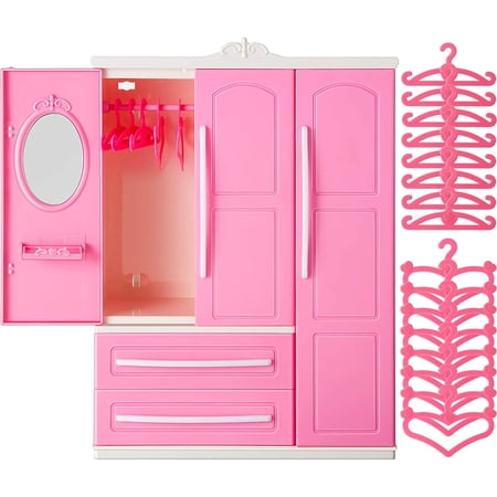 NCQ Doll Closet Furniture Wardrobe Clothing Organizer Doll Open Wardrobe Dollhouse Closet with 20 Pieces Hangers 2 Style Pink Plastic Hangers Dollhouse Furniture Accessories(Classic Style)