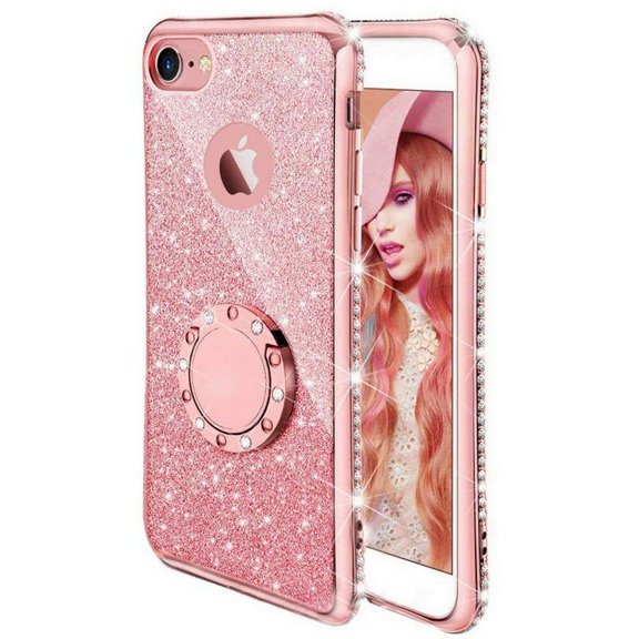 For iphone 13 pro max（6.7） Case, Glitter Luxury Bling Diamond Rhinestone Bumper with Ring Grip Kickstand Protective Thin Girly Case for Women（pink）