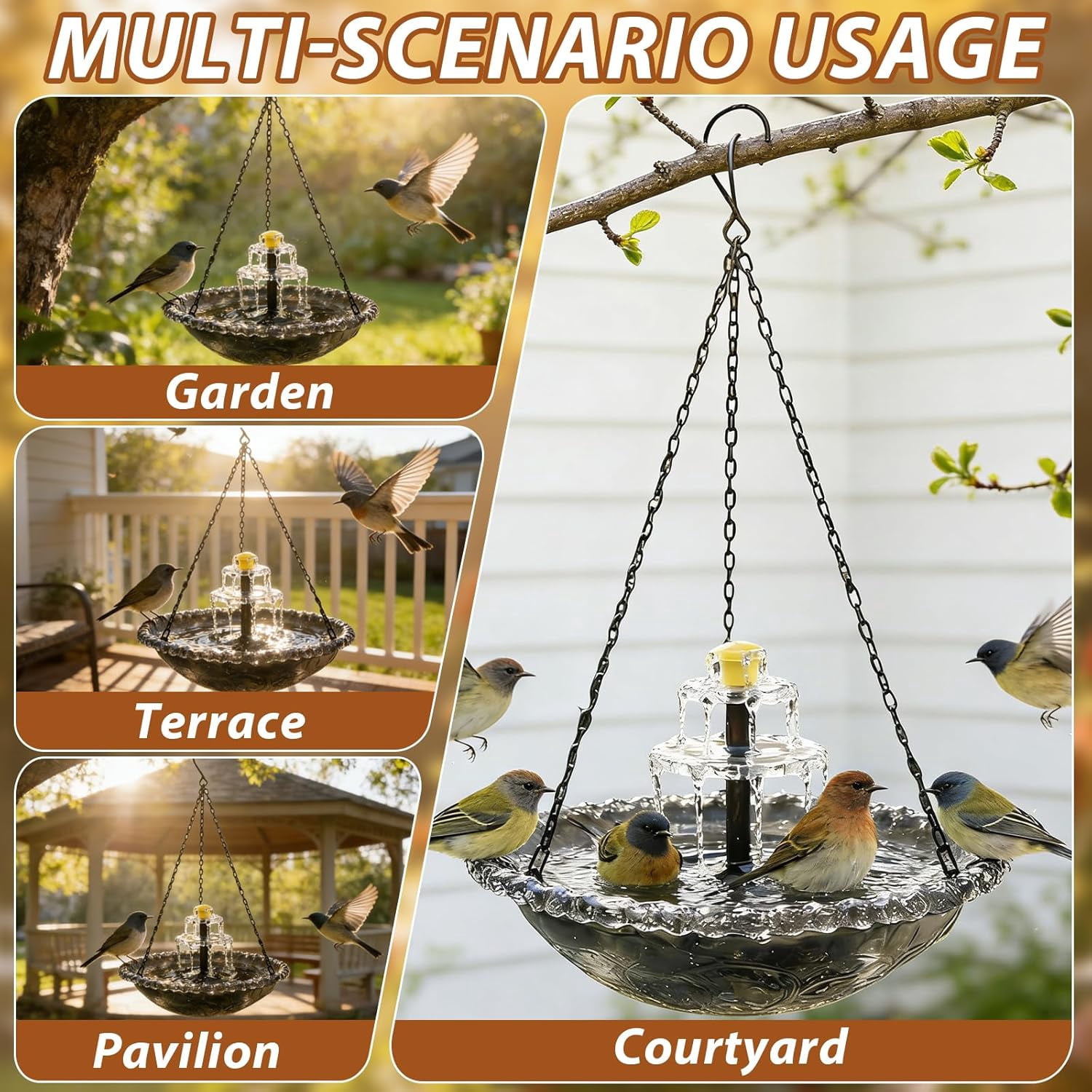 2026 Solar Cascade Hanging Bird Bath Fountain Solar Powered Birdbath Water Fountain Pumps Dispenser Outdoors Decor Hummingbird Bath Shower Bowl Kit Garden Gift Yard Patio Backyard Decoration