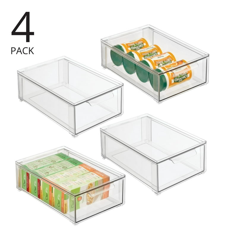 mDesign Stackable Kitchen Storage Bin Box with Pull-Out Drawer, Medium - 4 Pack - Clear