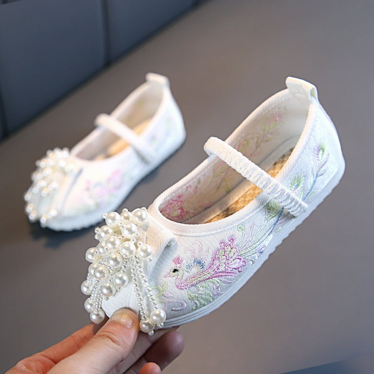 embroidered dress shoes Lnmqlpdbs Baby Girl Shoes Girls Trendy Floral Embroidered Dress Shoes Fashionable Children Flat Performance Shoes with Pearl Fringe Decoration Toddler