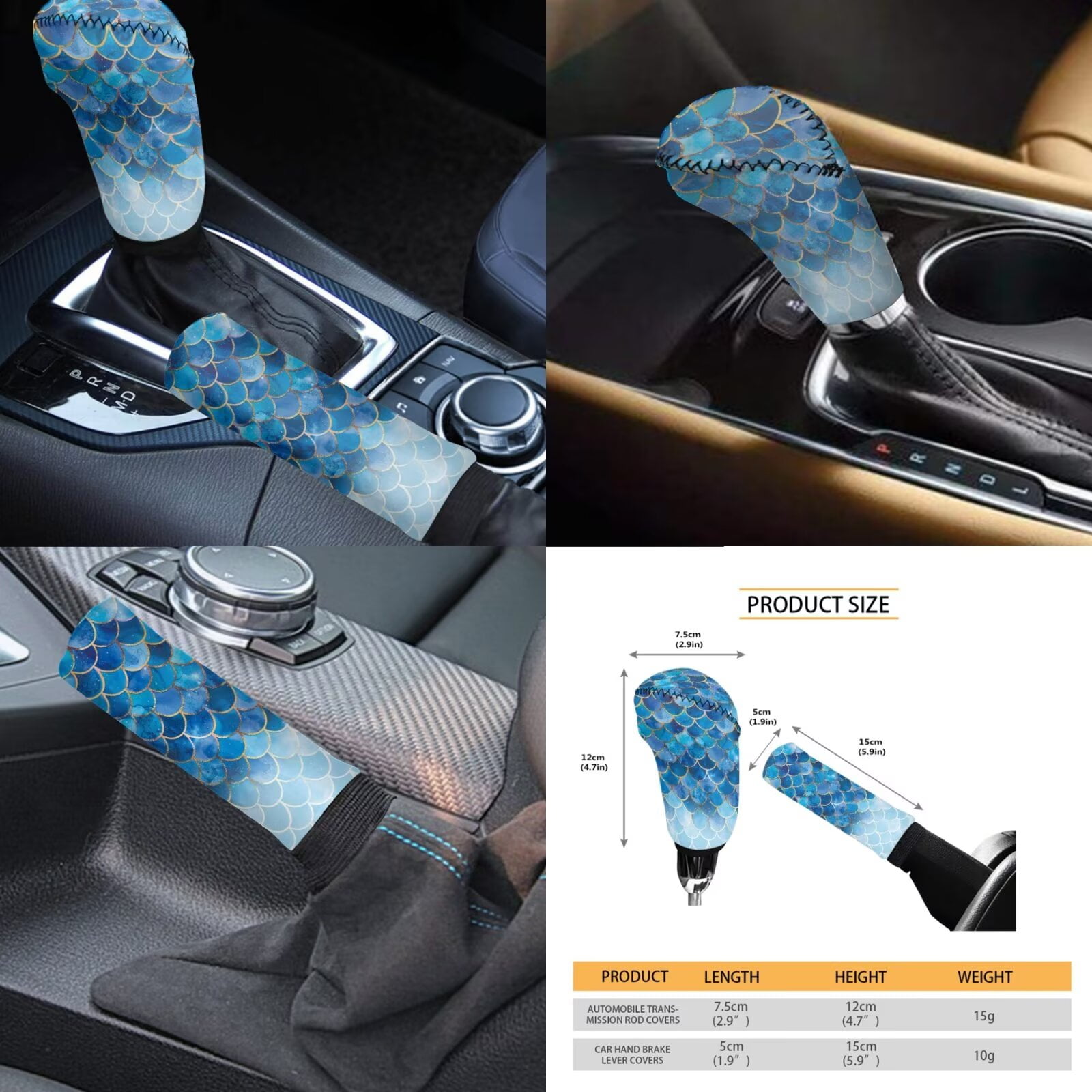 Garronmavis Blue Fish scale Car Assecories, Include Steering Wheel Cover Gear Shift Cover Handbrake Cover Headrest Cover Cup Coasters for Women Men Car Interior Decor for Sedan SUV Truck