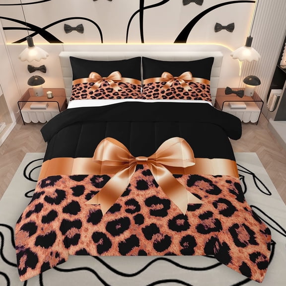 Homewish Leopard Print 2pcs Bedding Comforter Set For Teens Boys Girls,Kawaii Bow Twin Comforter Sets,Black Orange Breathable Bedding Set,Super Cozy Room Decor,Reversible
