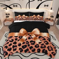 Homewish Leopard Print 3 Pieces Queen Comforter Set For Teens Boys Girls,Kawaii Bow Ultra Soft Bedding Sets,Black Orange Bedding Comforter Set,Super Cozy Room Decor,Reversible