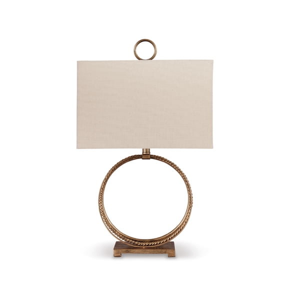Signature Design by Ashley Mahala Metal Table Lamp, Antique Gold Finish, Modern Ring Table Lamp with Rectangular Shade and 3-Way Switch