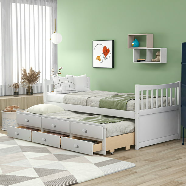 Trundle Daybed With Roll Out Bed Frame, Twin Bed Frame With Trundle And Storage Unit