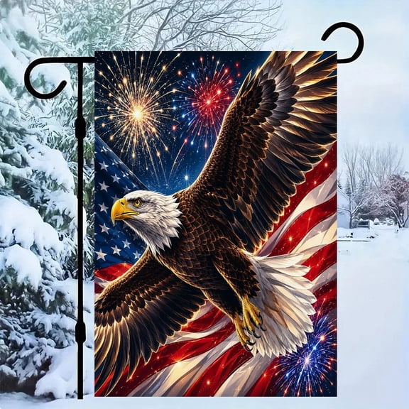 RKSupls Patriotic Linen Double Sided Garden Flag, Independence Day Themed Yard Decor, Eagle Flight Fireworks American Flag Night Outdoor Banner for Holiday Lawn