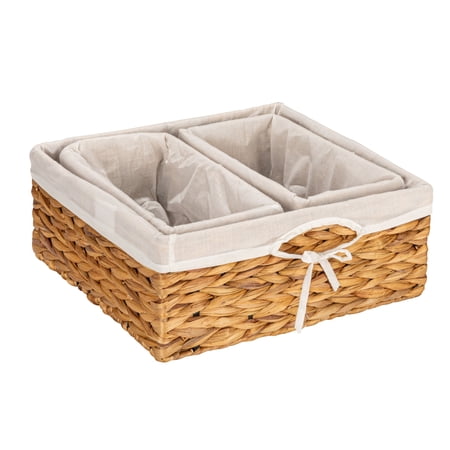 Household Essentials Wicker Basket Set, 3 Pieces, 1 Large and 2 Small Water Hyacinth Baskets for Storage and Organization