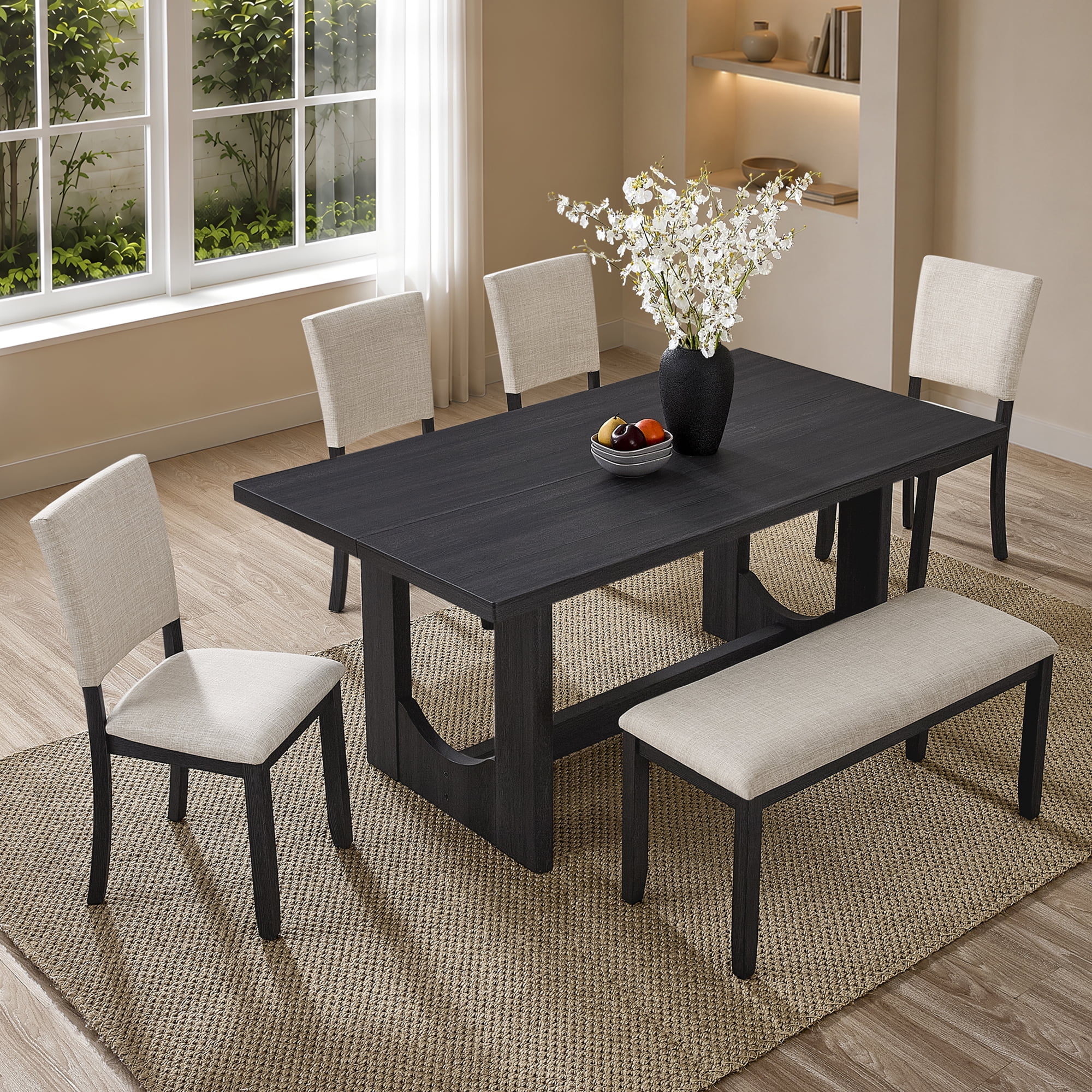 6-Piece Dining Table Set for 6, 57" Wood Rectangular Kitchen Table with 4 Chairs & Bench
