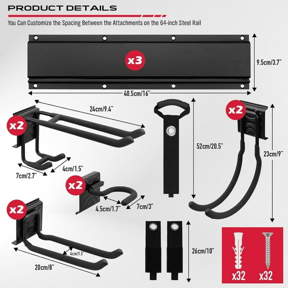 48" Heavy Duty Garage Wall Organizer with Adjustable Hooks, 300lbs Capacity, Easy Install Tool Storage Rack
