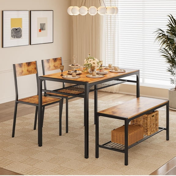 Asofer 4 Piece Dining Table Set for 4 with 2 Chairs & Bench, Kitchen Table with Storage Rack, Space Saving Dining Set for Small Space, Apartment, Retro Industrial Style