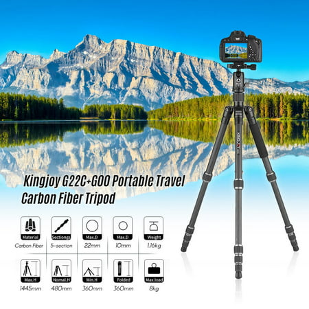 Kingjoy G22C+G00 Portable Travel Carbon Fiber Camera Tripod Monopod with 360 Degree Ball Head 5-Section Adjustable Max. Working Height