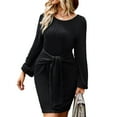 thumbnail image 2 of Casual Long Sleeve Dress, Racking Pattern Waist Strap Round Neck Casual Dress  For Vacation For Dating Black,Green,Blue,Brown, 2 of 6