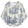 thumbnail image 4 of Powder Blue French Toile Picnic Designs Women's V-Neck Blouse With 3/4 Ruffled Bell Sleeves Casual Top Ladies Blouses, 4 of 7