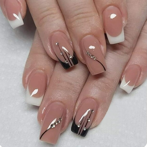 24 Uds uñas postizas cubierta completa uñas postizas elegante rosa degradado brillo francés uñas cortas ataúd uñas postizas cortas prensa en las uñas Tan Jianjun unisex