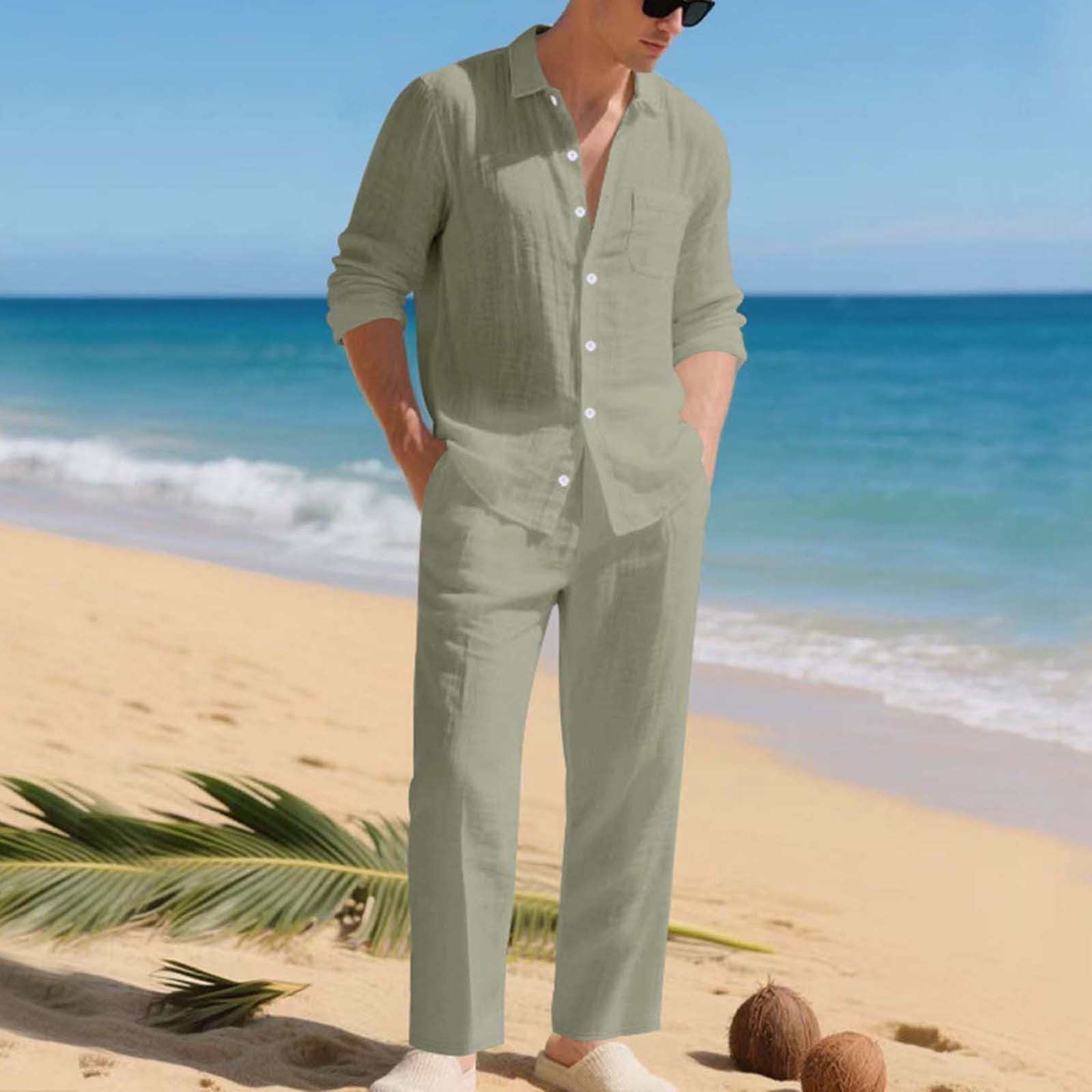 Men's Linen Casual Outfits Piece Solid Color Cuban Shirt and Pants Set Lightweight Beach Vacation Suit