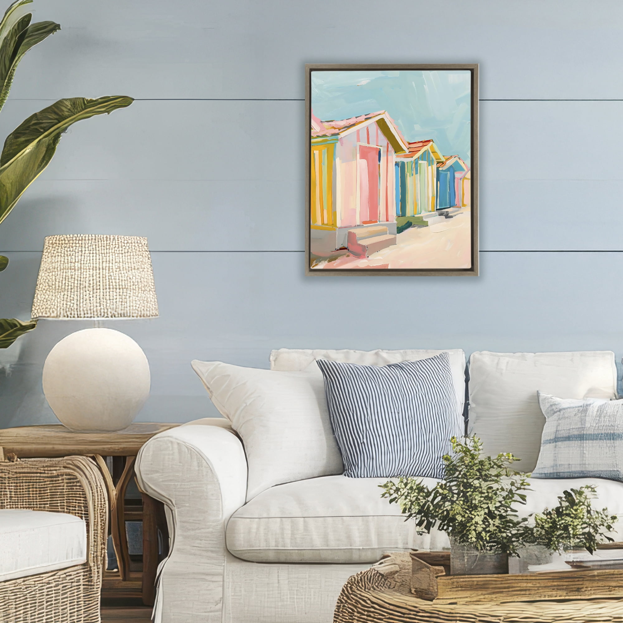 Stupell Industries Striped Beach Bungalows Brown Framed Floater Canvas Wall Art, design by The Prints Vibe