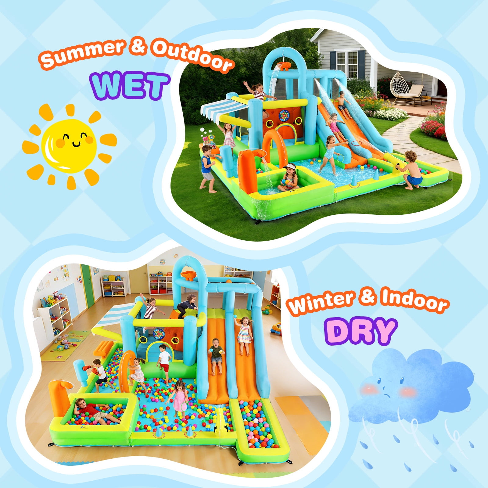 JOYLDIAS Kids Inflatable Water Slides Giant Park Bounce House Castle with Trampoline, Ring Toss Game, Splash Area, Climbing Wall, Basketball Hoop, Water Guns, Felt Ball Target, Air Blower