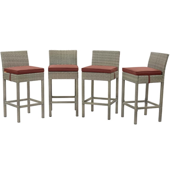 Contemporary Modern Urban Designer Outdoor Patio Balcony Garden Furniture Bar Side Stool Chair, Set of Four, Fabric Rattan Wicker, Dark Red