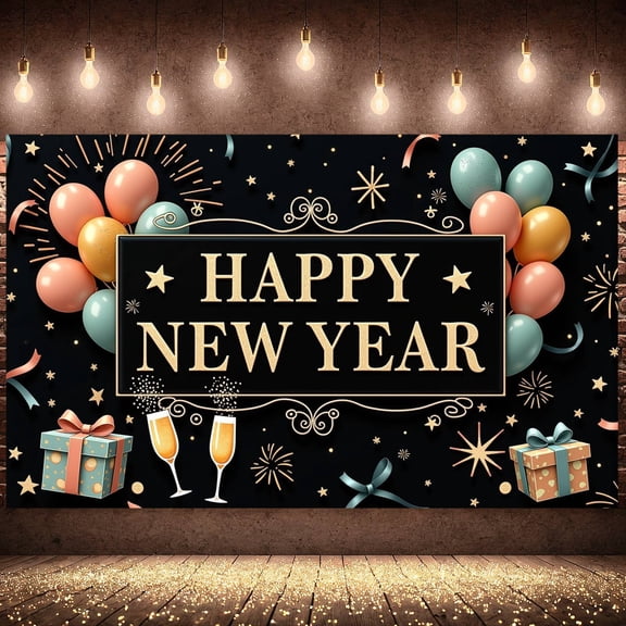 Gold Glitter Happy New Year Banner Colorful Balloons New Year Display Festive Fireworks Gift Box Design Festive Backdrop for New Year Party Holiday Celebration New Year Eve Gathering